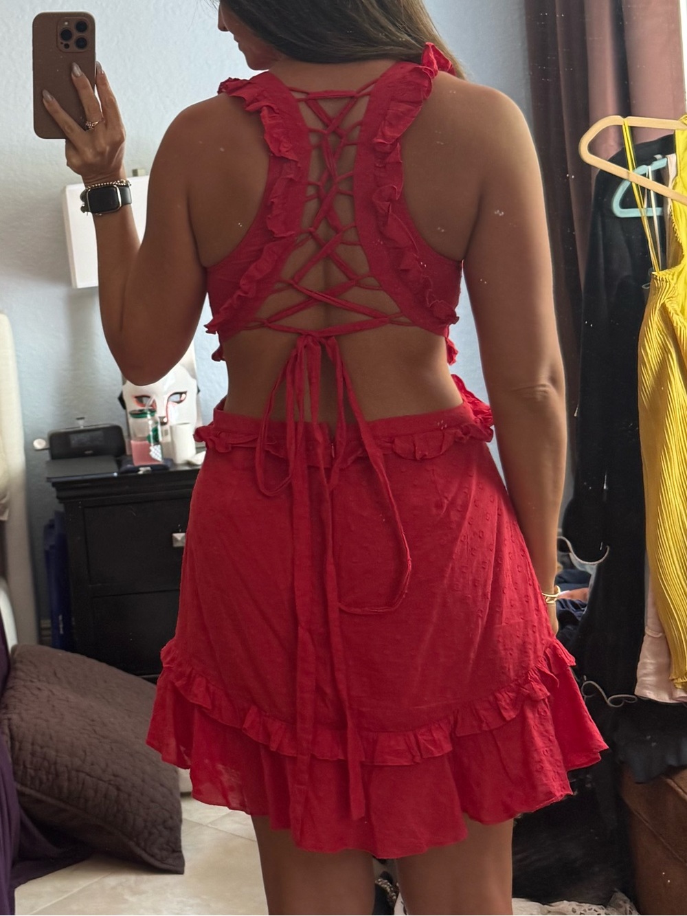 Women’s Red Ruffle V-Neck Mini Dress - Picture 2 of 3